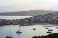 Beautiful view of Ermioni sea lagoon with moored yachts and boats at sunset time Royalty Free Stock Photo