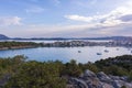 Beautiful view of Ermioni sea lagoon with moored yachts and boats at sunset time Royalty Free Stock Photo