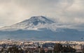 A beautiful view of the eruption of volcano Etna with smoke and snow and Catania city is in the photo in winter in Sicily Royalty Free Stock Photo