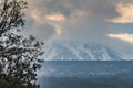 A beautiful view of the eruption of volcano Etna with smoke and snow is in the photo in winter in Sicily Royalty Free Stock Photo