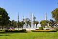 Beautiful view of the exterior of the Blue Mosque, Sultanahmet Camii, in Istanbul from Saltanahmet Park Royalty Free Stock Photo