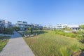 Beautiful view of exterior of Portes Lithos Luxury Resort hotel buildings. Royalty Free Stock Photo