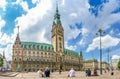 Beautiful view of famous Hamburg town hall with dramatic clouds and blue sky, Hamburg, Germany