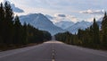 Beautiful view of famous Icefields Parkway in Jasper National Park, Canada in the Rocky Mountains with diminishing perspective. Royalty Free Stock Photo