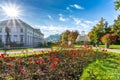 Beautiful view of famous Mirabell Gardens with the old historic Fortress Hohensalzburg in Salzburg, Austria