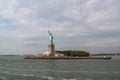 Beautiful view of famous Statue of Liberty and Manhattan on background. Liberty Island in New York Harbor in New York