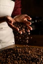 beautiful view of female hands with roasted coffee beans pouring out of cupped hands