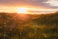 Beautiful view of the field and sunset. Beautiful nature landscape with dramatic clouds sunset sky and views on the hills Royalty Free Stock Photo