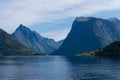 Beautiful view fjord, village and mountains of Norway.