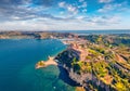 Beautiful view from flying drone of Aragonese Castle of Baia, Italy, Europe. Royalty Free Stock Photo