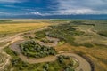 A beautiful view of the forest, fields and river from above. Drone photography of the city Royalty Free Stock Photo