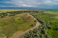 A beautiful view of the forest, fields and river from above. Drone photography of the city Royalty Free Stock Photo