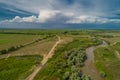 A beautiful view of the forest, fields and river from above. Drone photography of the city Royalty Free Stock Photo