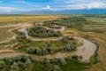 A beautiful view of the forest, fields and river from above. Drone photography of the city Royalty Free Stock Photo