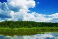 Beautiful view of the forest by the river in summer. Reflection in the water Royalty Free Stock Photo