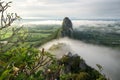 View form the peak of Khao Nor with fog in the morning in Nakhon Sawan, Thailand.