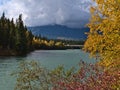 Beautiful view of Fraser River in autumn season with colorful trees and bushes near Tete June Cache, Canada in Robson Valley.