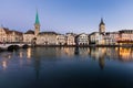 Beautiful view of Fraumunster Church and old town zurich by limmat river before sunrise Royalty Free Stock Photo