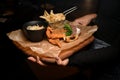 beautiful view of french fries and bowl of sauerkraut and delicious batter fried pork ears Royalty Free Stock Photo