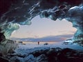 Beautiful view from a frozen cave of a person with red coat in a snowy place at sunset