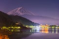Beautiful view of Fuji Mountain and Kawaguchiko lake at night from Yamanashi Prefecture, Japan. Royalty Free Stock Photo