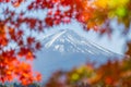 Beautiful view of Fuji san mountain with colorful red maple leaves and winter morning fog in autumn season at lake Kawaguchiko Royalty Free Stock Photo