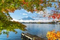 Beautiful view of Fuji san mountain with colorful red maple leaves and winter morning fog in autumn season at lake Kawaguchiko, la Royalty Free Stock Photo