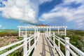 Beautiful view of a gazebo path leading toward the beach and ocean on Cuban Cayo Guillermo Island Royalty Free Stock Photo