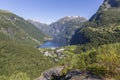 Beautiful view of Geiranger fjord and valley from Flydalsjuvet Rock Royalty Free Stock Photo