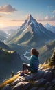 Girl siting on top of mountain ai generated