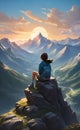 Girl siting on top of mountain ai generated