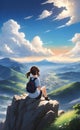 Girl siting on top of mountain ai generated