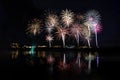 Beautiful view of glowing Fireworks in the sky over the city at night Royalty Free Stock Photo