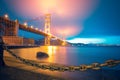 Beautiful view of the glowing Golden Gate in San Francisco after sunset Royalty Free Stock Photo