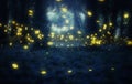 Beautiful view of glowing yellow fireflies flying in the dark forest