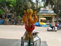 Beautiful view of Goddess Face in the Yellow Color Trishula or Trident in front of the Sri Gangamma Devi Temple Near Kadu