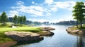 The dream golf course consists of beatiful putting green, hazards and lake. Royalty Free Stock Photo