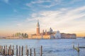 Beautiful view of the gondolas and the Cathedral of San Giorgio Maggiore, on an island in the Venetian lagoon, Venice, Italy Royalty Free Stock Photo