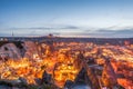 Beautiful view Goreme, Cappadocia, Turkey on sunset. Famous center of balloon fligths Royalty Free Stock Photo