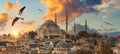 Beautiful view of gorgeous historical Suleymaniye Mosque, Rustem Pasa Mosque and buildings in front of dramatic sunset.