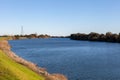 Beautiful view from the Grand Island road to the Sacramento River on a sunny day. Royalty Free Stock Photo