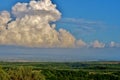 Beautiful view of green fields and blue sky with large white clouds Royalty Free Stock Photo