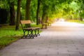 Beautiful view of green park with path and wooden bench. Space for text Royalty Free Stock Photo