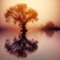 Beautiful view of growing trees reflected in the water under an orange and red sky