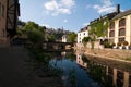 The Alzette river winding through Grund, Luxembourg