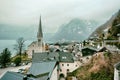 Beautiful view Hallstatt with misty mountains in the background