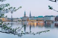 Beautiful view of Hamburg town hall - Rathaus and Alster river at spring earning evening