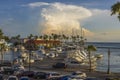 Beautiful view of harbor in center city Oranjestad on Atlantic ocean background. Royalty Free Stock Photo