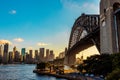 A beautiful view on the harbour bridge in sydney with the skyline and a clear blue sky