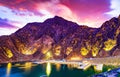 Beautiful view of Hatta Dam or Lake and Hajar Mountain in the Emirate of Dubai. Royalty Free Stock Photo